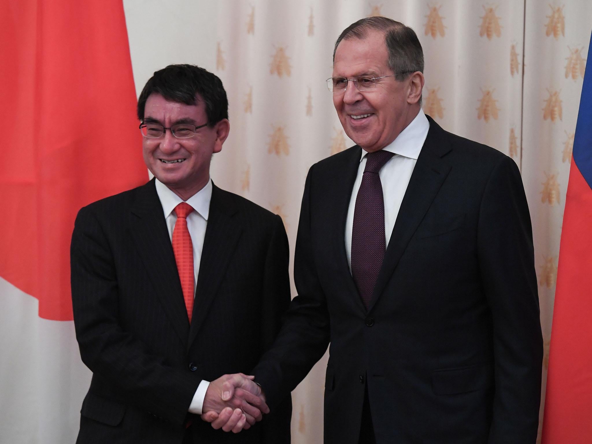 Russian foreign minister Sergei Lavrov (right) with his Japanese counterpart Taro Kono in Moscow
