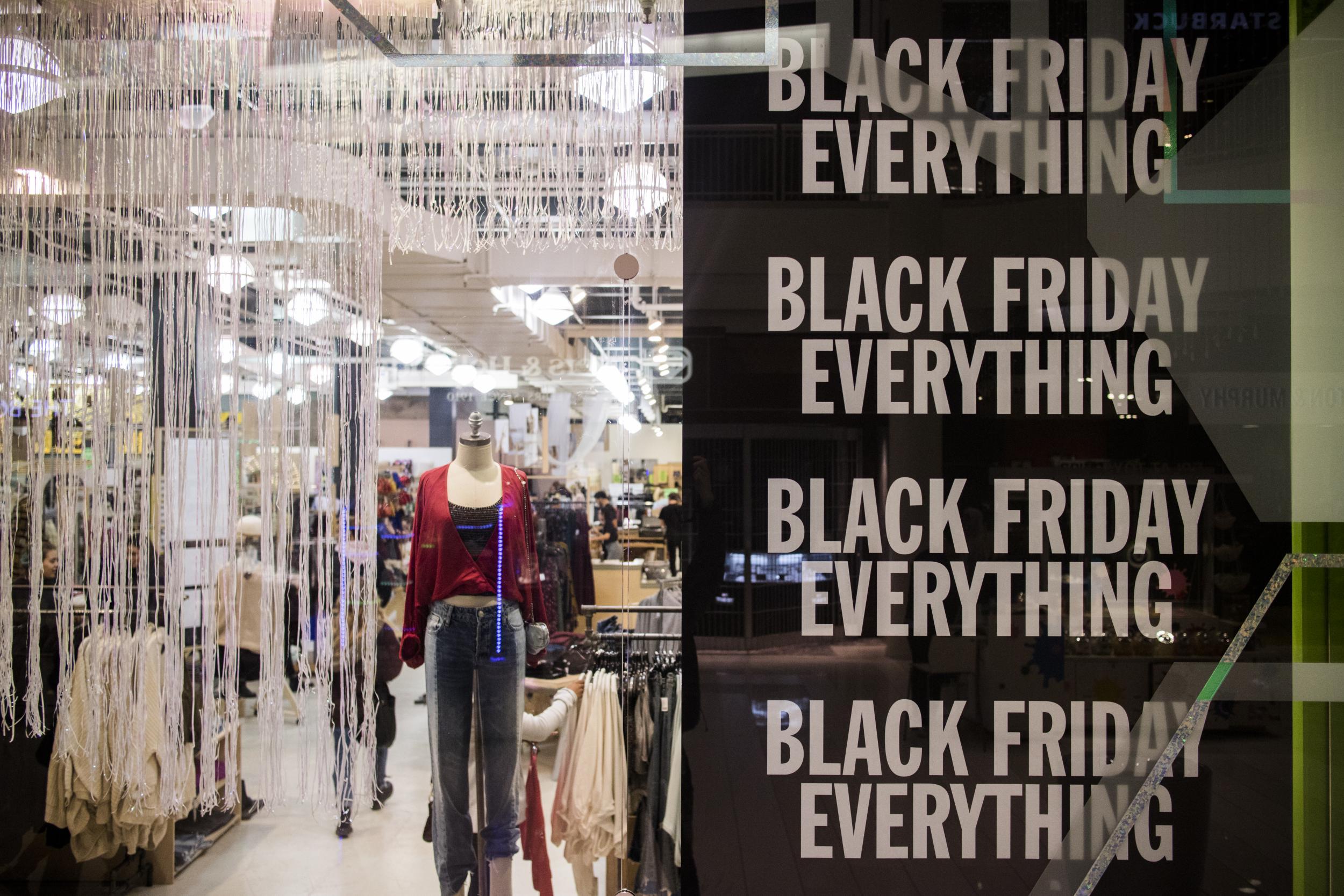A Black Friday sale sign in a store at a different mall in Bloomington, United States.