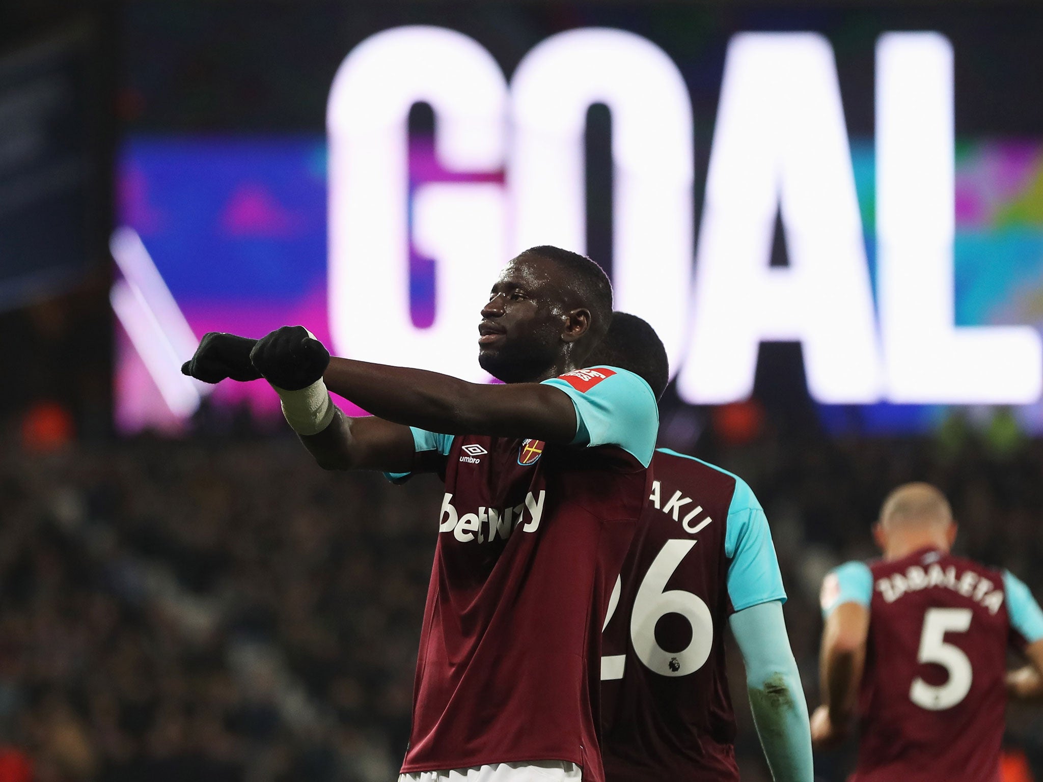 &#13;
Kouyate celebrates equalising for West Ham - their first goal under Moyes &#13;