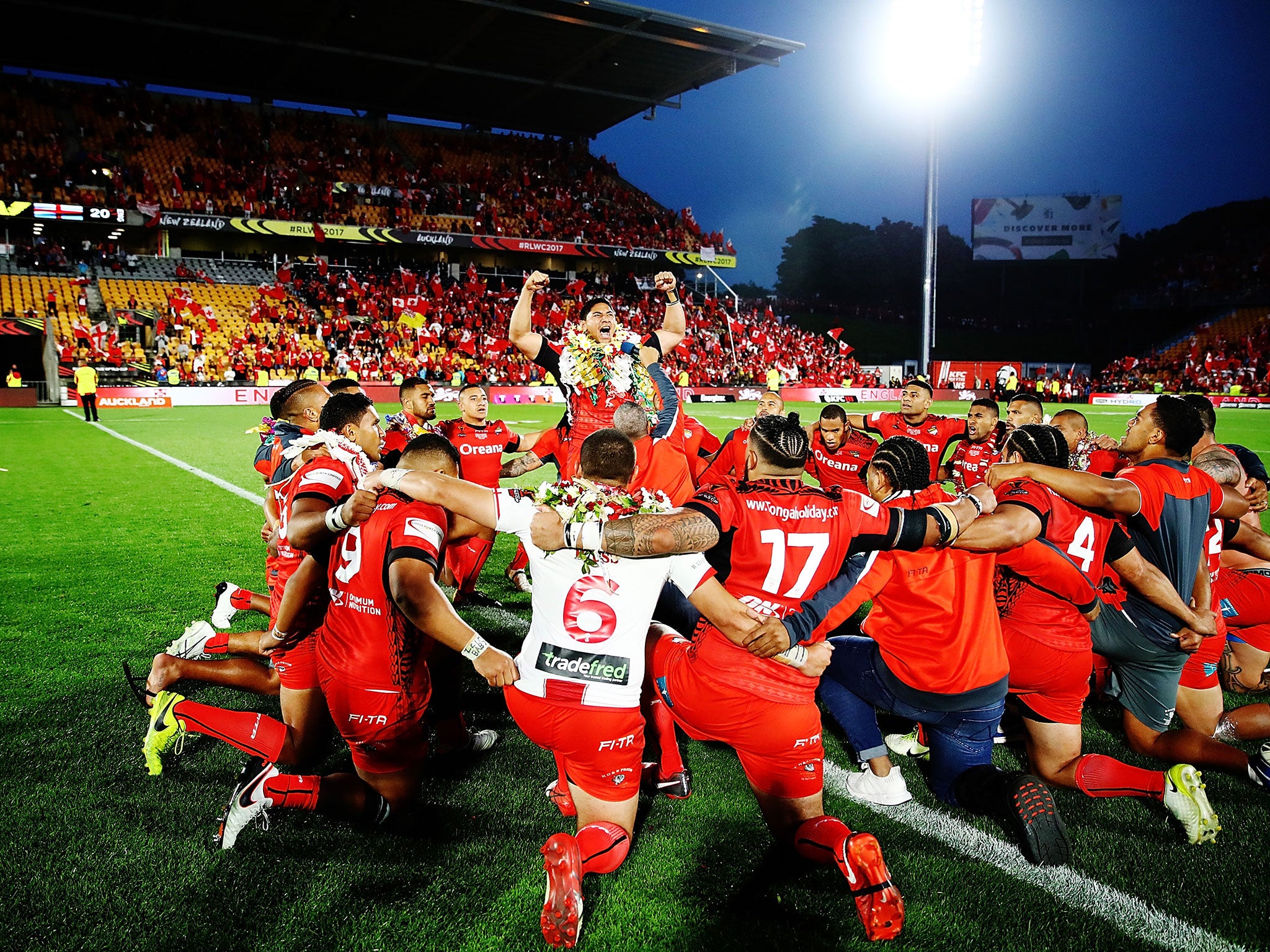 Jason Taumalolo leads the Sipi Tau for the crowd after Tonga's defeat