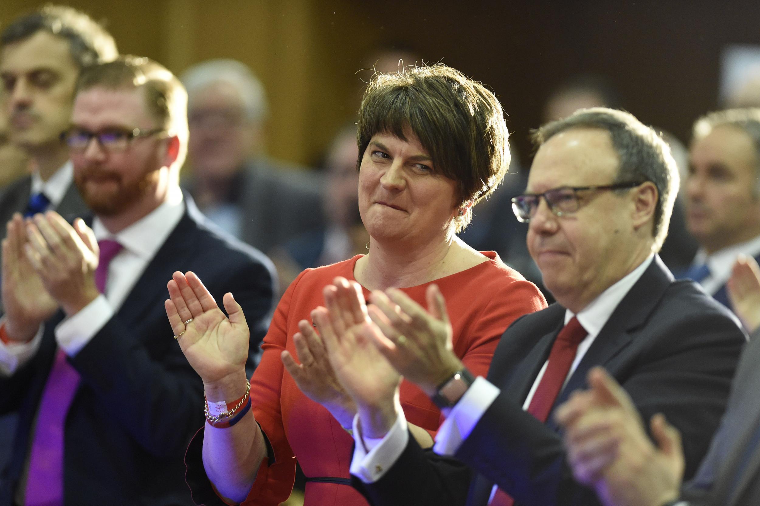 DUP deputy leader Nigel Dodds with Arlene Foster shortly before his speech to his party's annual conference