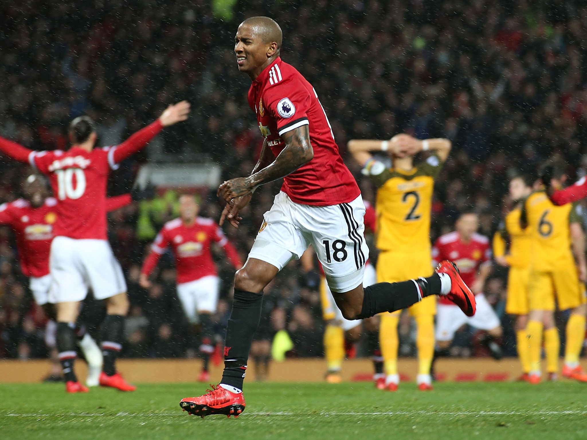 Ashley Young celebrates breaking the deadlock for Manchester United