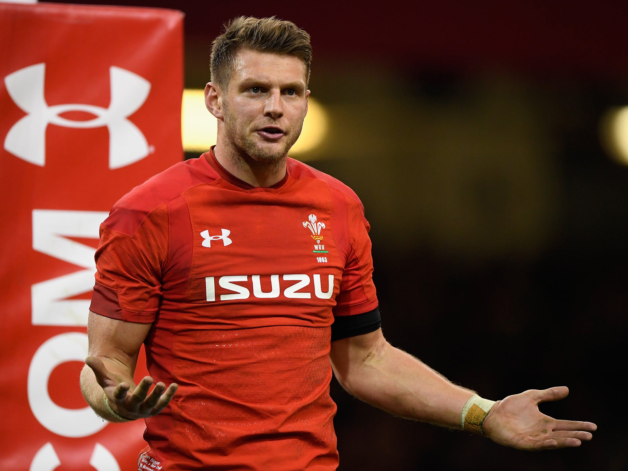 Dan Biggar gestures during Wales' 33-18 defeat by New Zealand