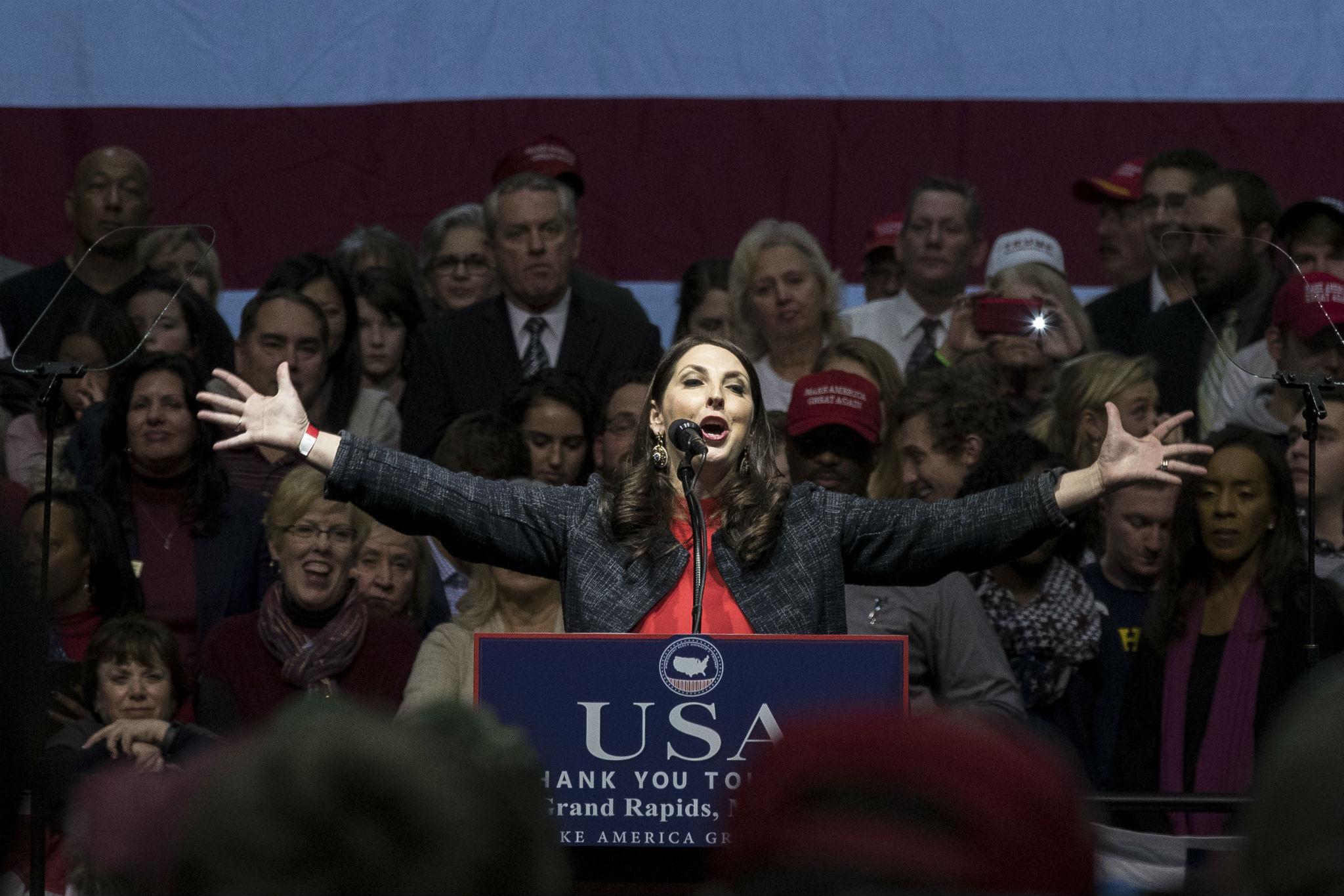 Michigan Republican Party Chair Ronna Romney McDaniel speaks before President-elect Donald Trump in December (Photo by Drew Angerer/Getty Images)