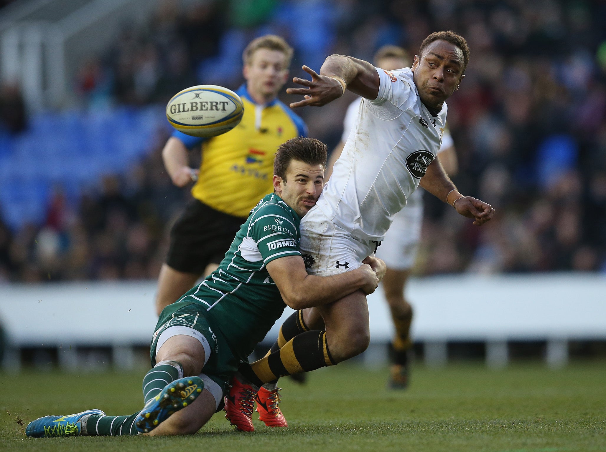 Wasps' Gaby Lovobalavu offloads in the tackle