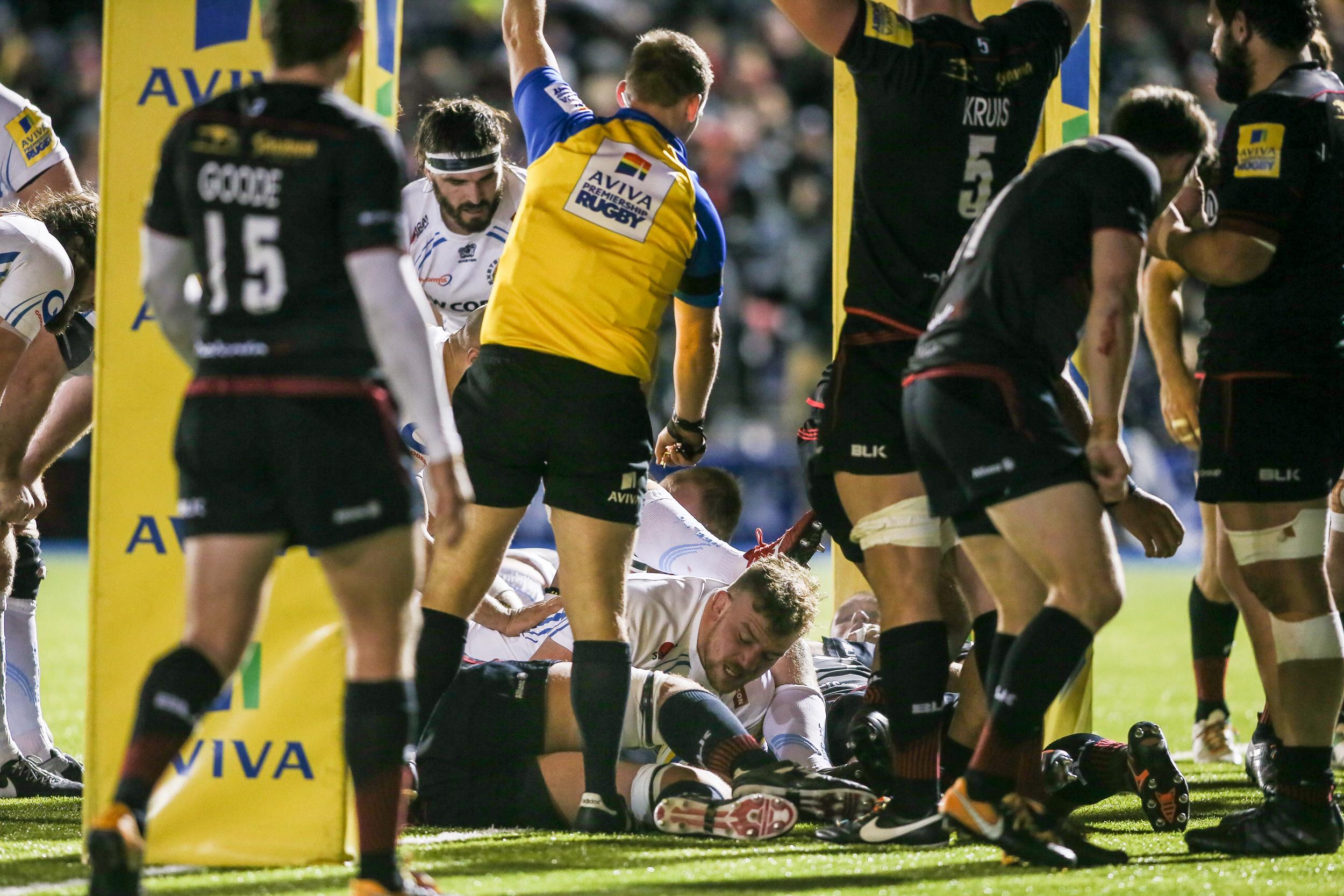 Exeter Chiefs' Moray Low scores the winning try