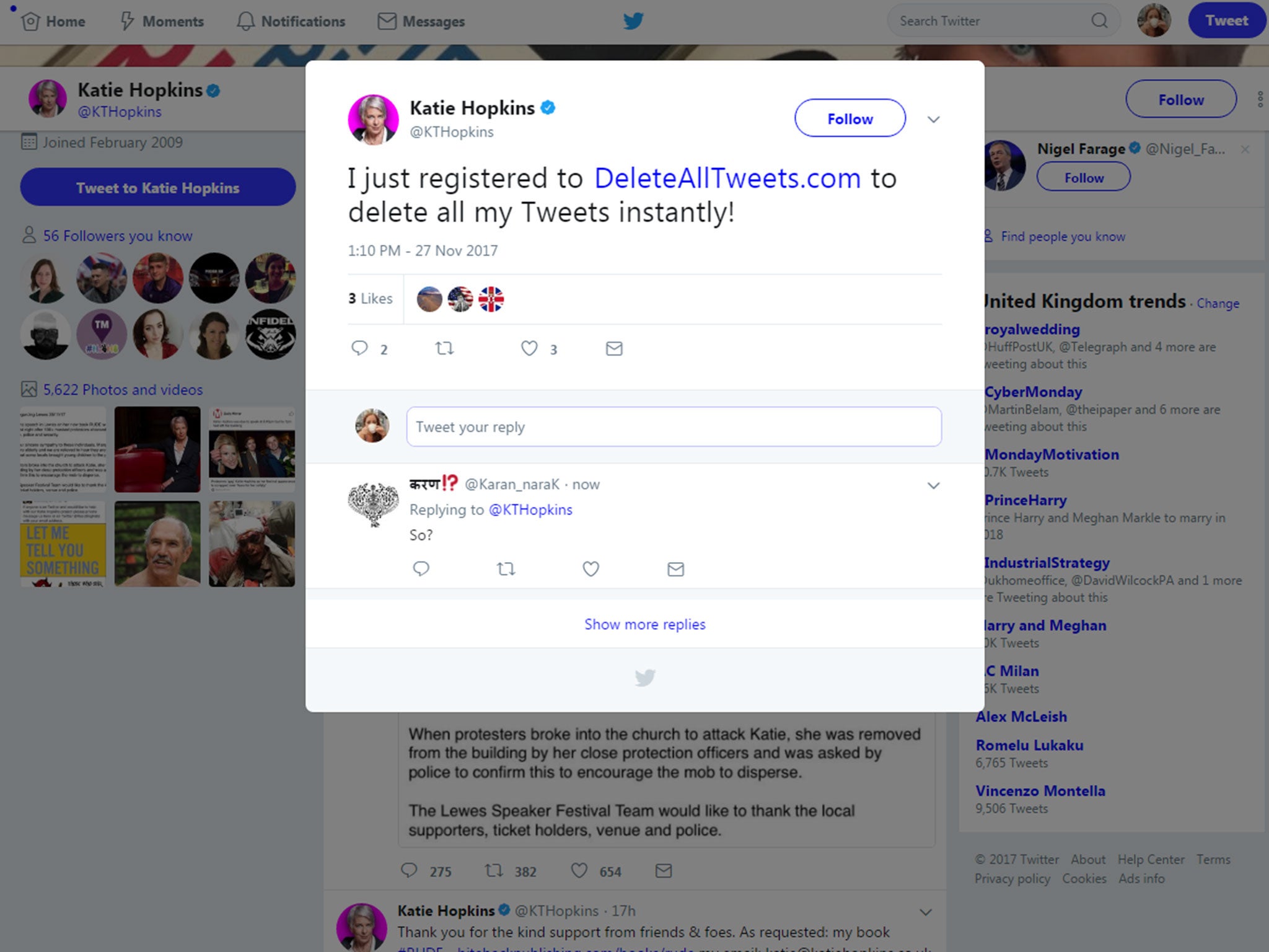 A tweet that appeared on Katie Hopkins' account shortly before her tweets disappeared on 27 November