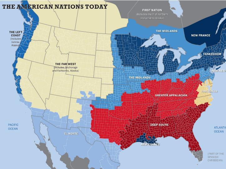 A map of the US divided into 11 distinct nations