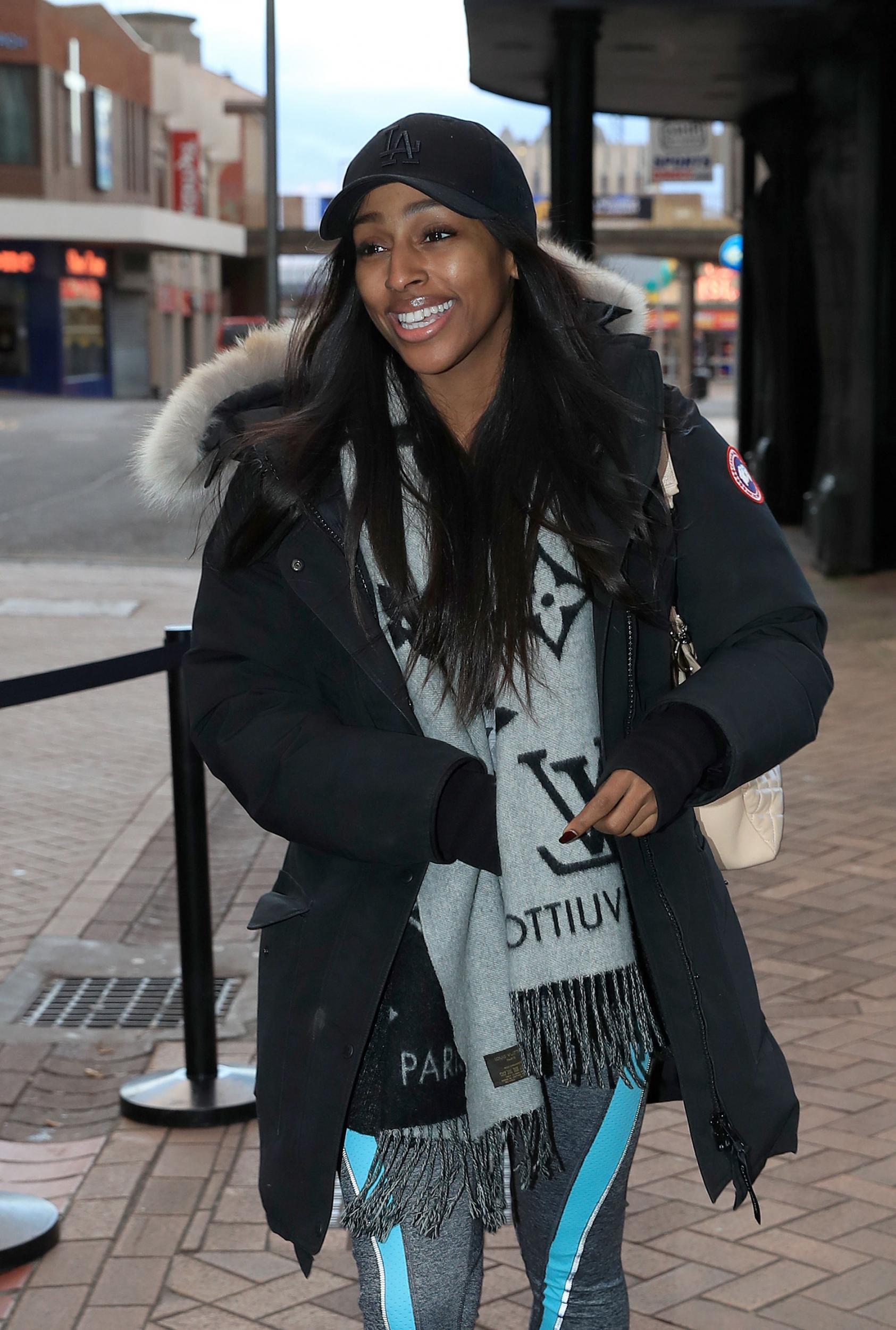 &#13;
Singer Alexandra Burke wore a Canada Goose jacket that features North African Coyote fur on its hood&#13;