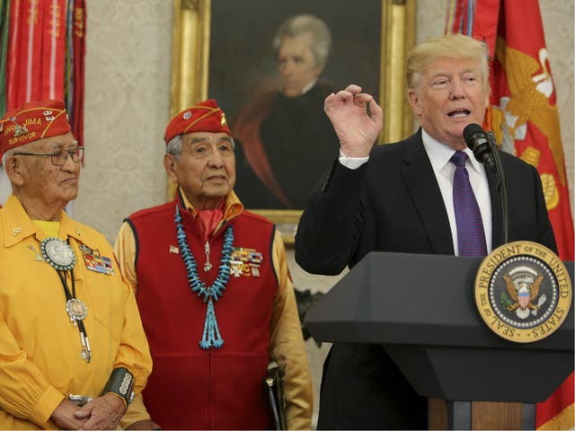 US President Donald Trump speaks during an event honouring members of the Native American code talkers in the Oval Office of the White House, on 27 November 2017