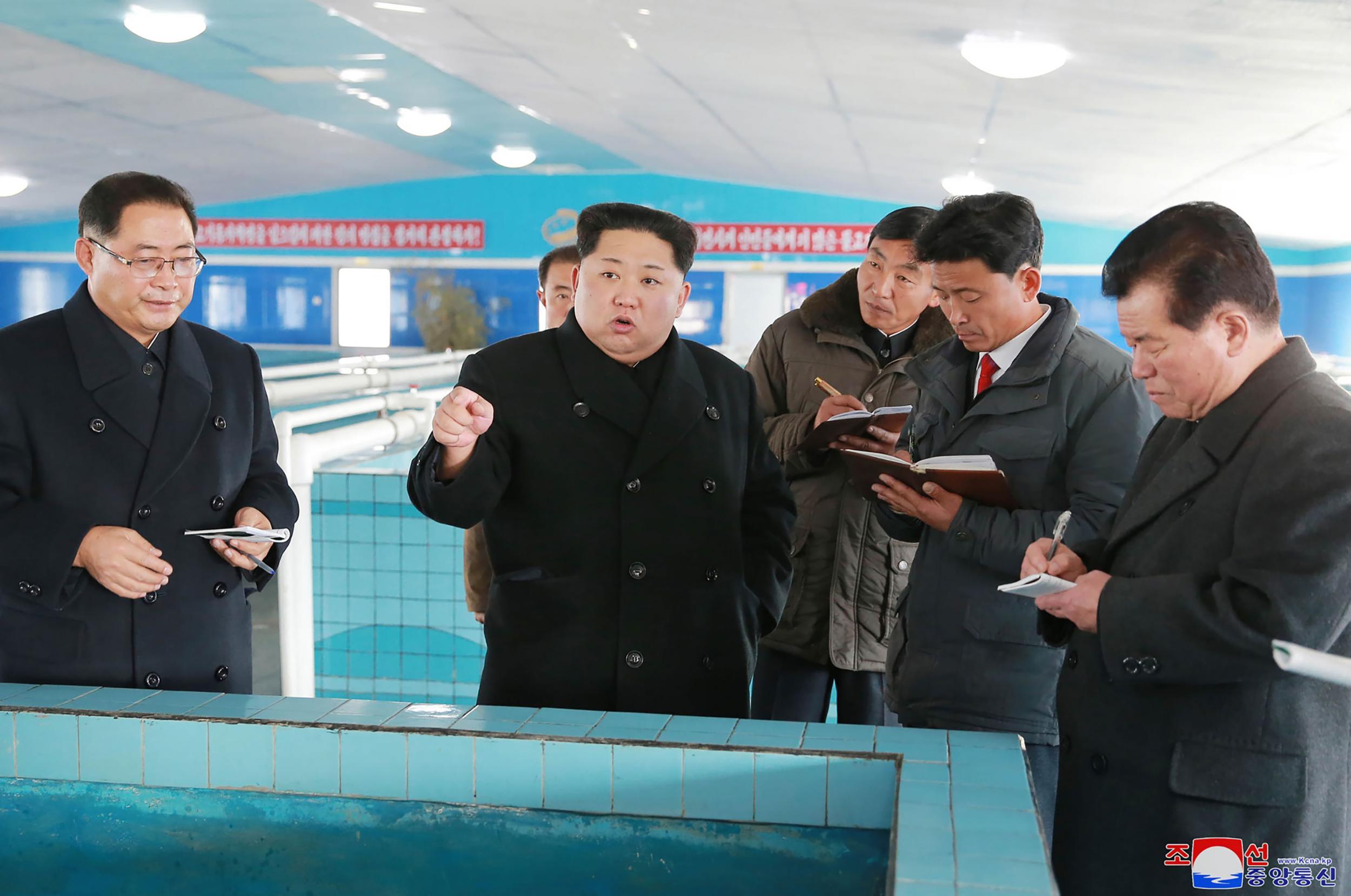 This undated photo released by North Korea's official Korean Central News Agency show Kim Jong-Un at the newly built Sunchon Catfish Farm