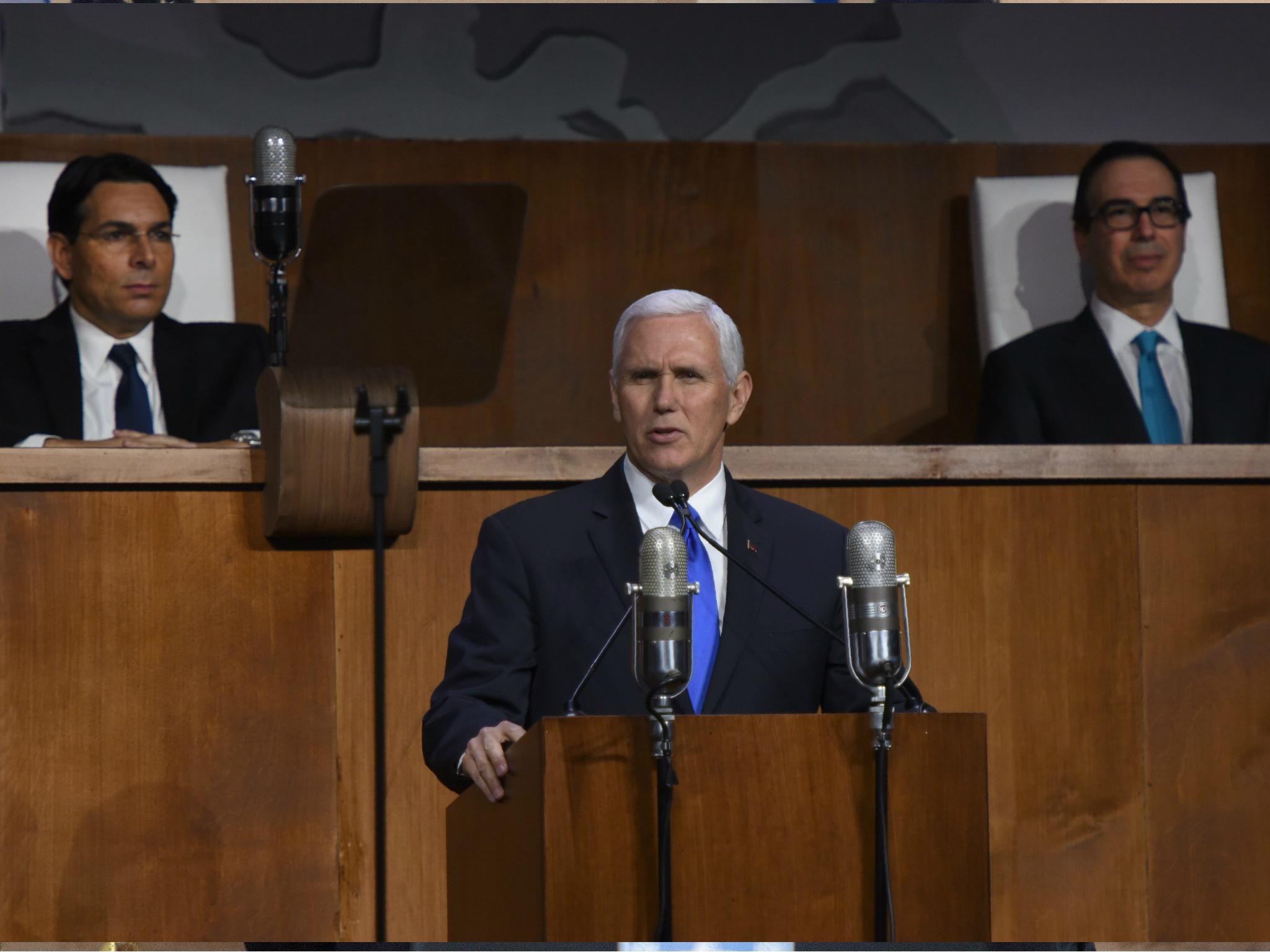 US Vice President Mike Pence speaks at the Permanent Mission of Israel to the United Nations on 28 November 2017