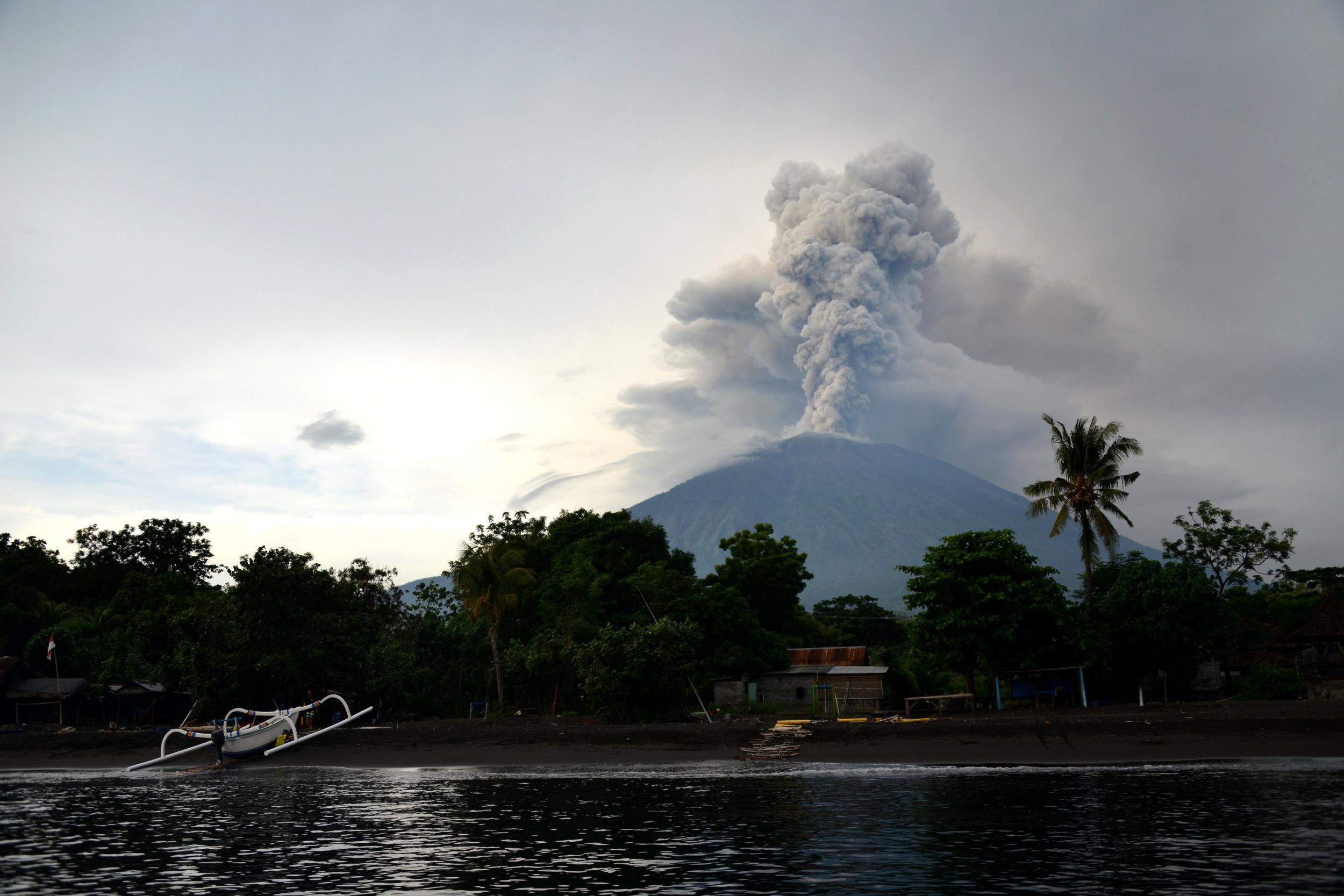 A general view shows Mount Agung erupting seen from Karangasem Regency on Indonesia's resort island of Bali