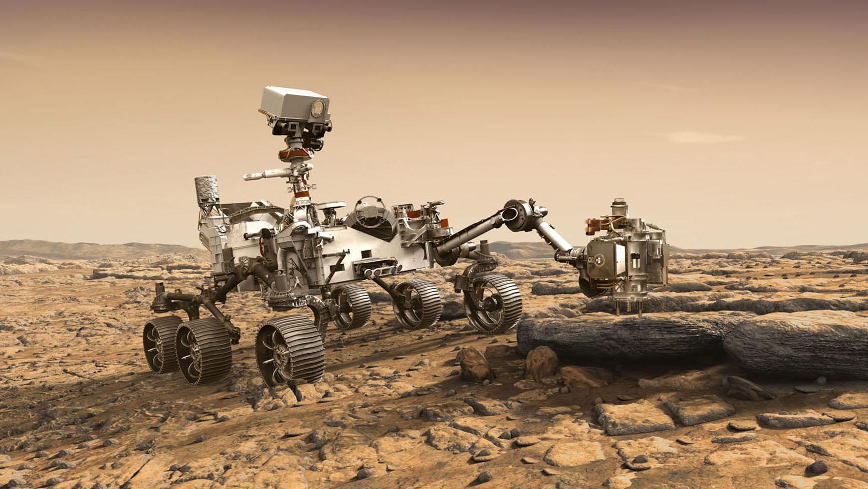 This artist's rendition depicts NASA's Mars 2020 rover studying a Mars rock outrcrop