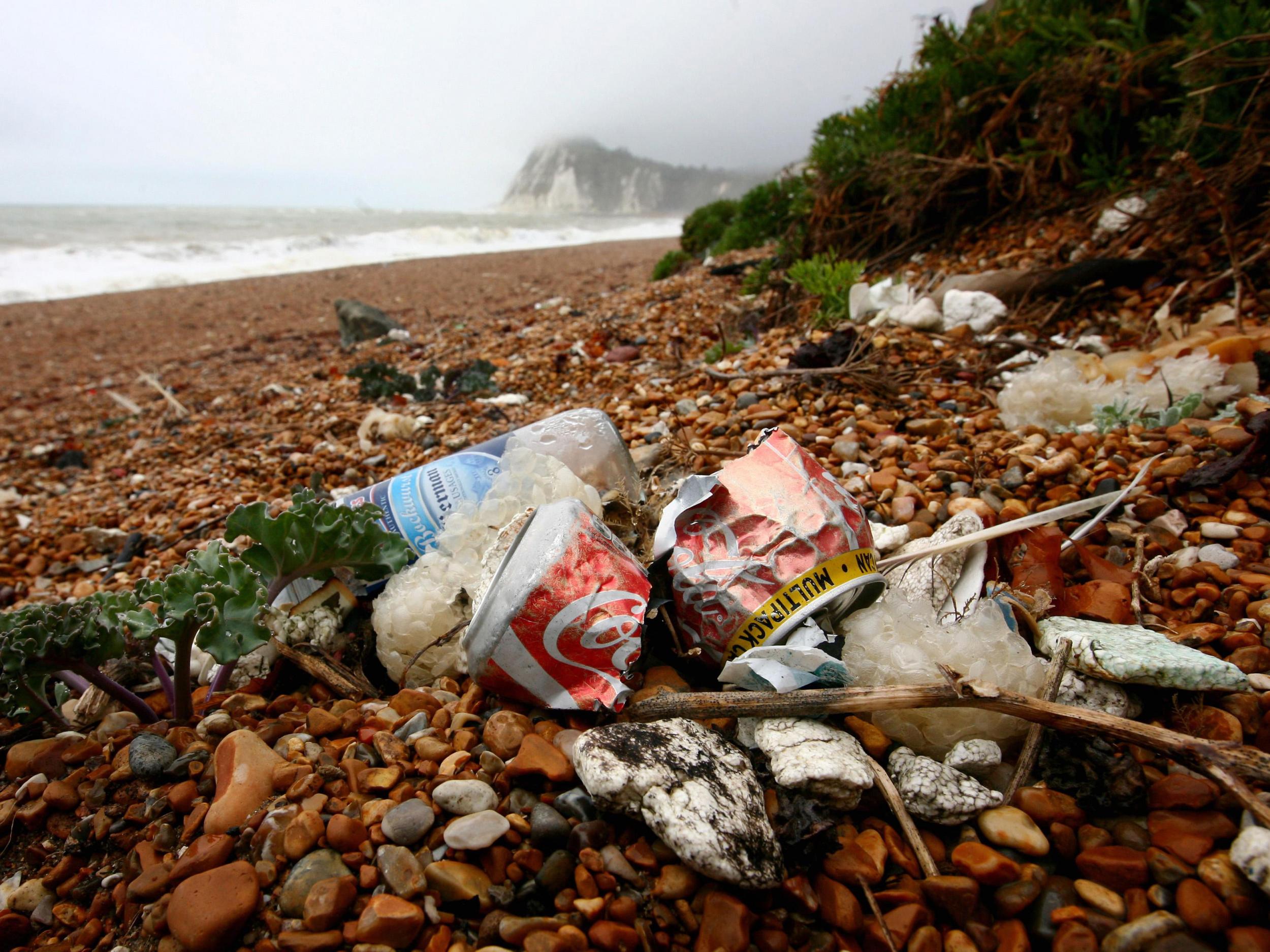 Rubbish left on a beach in Dover, Kent