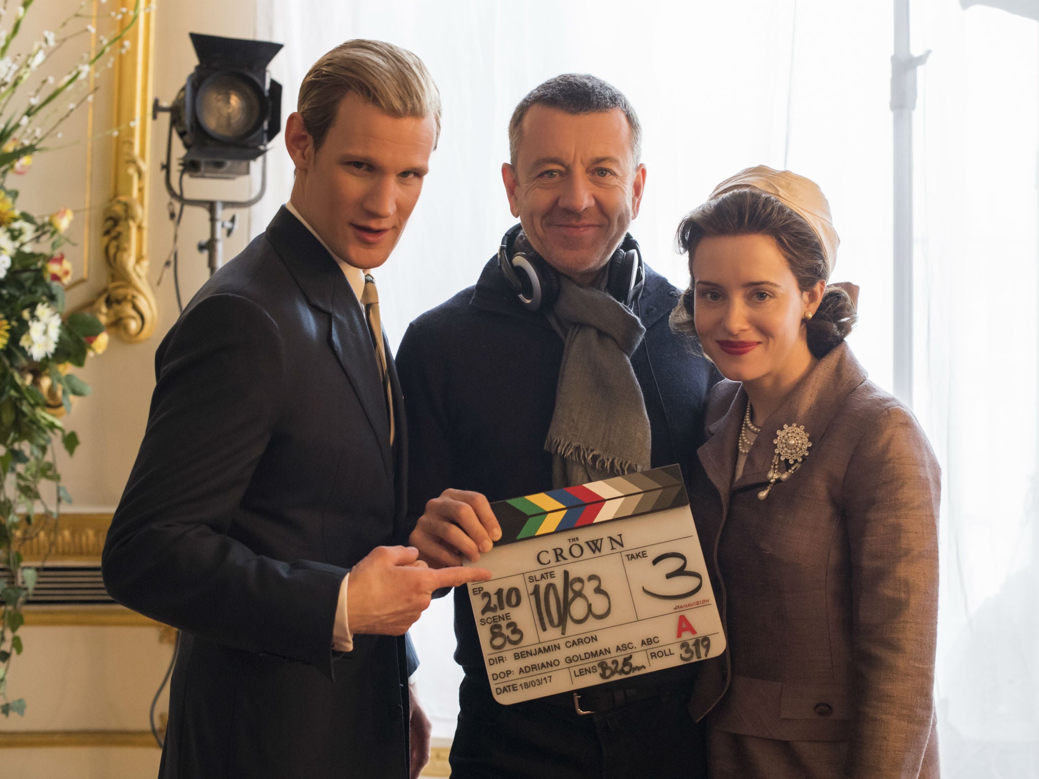Matt Smith (left) as Prince Philip with ‘The Crown’ writer and creator Peter Morgan and Claire Foy, who plays Elizabeth