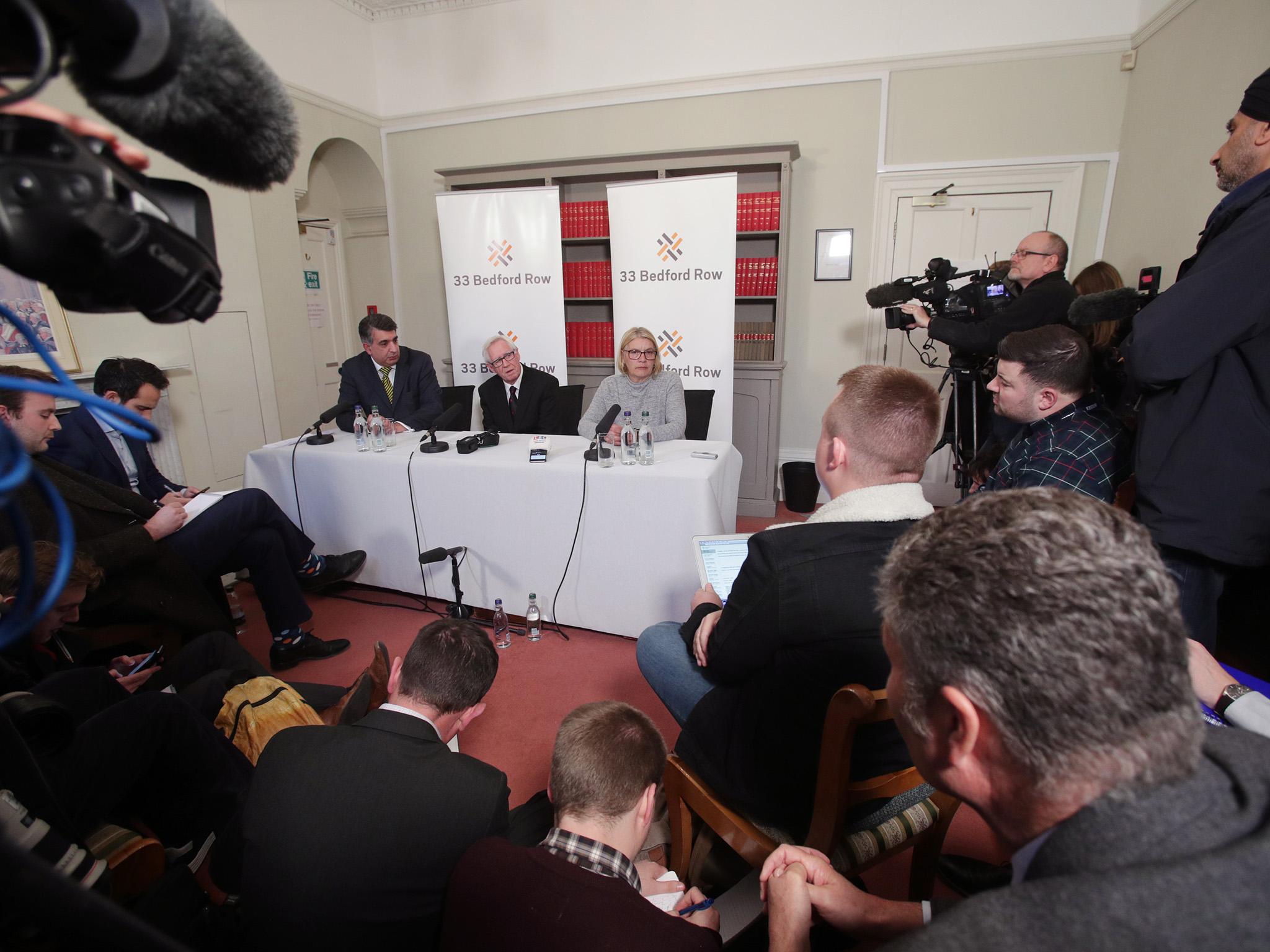 Michael Stone’s legal team (left to right) barrister Mark McDonald, solicitor Paul Bacon and Barbara Stone, his sister, during a press conference in London