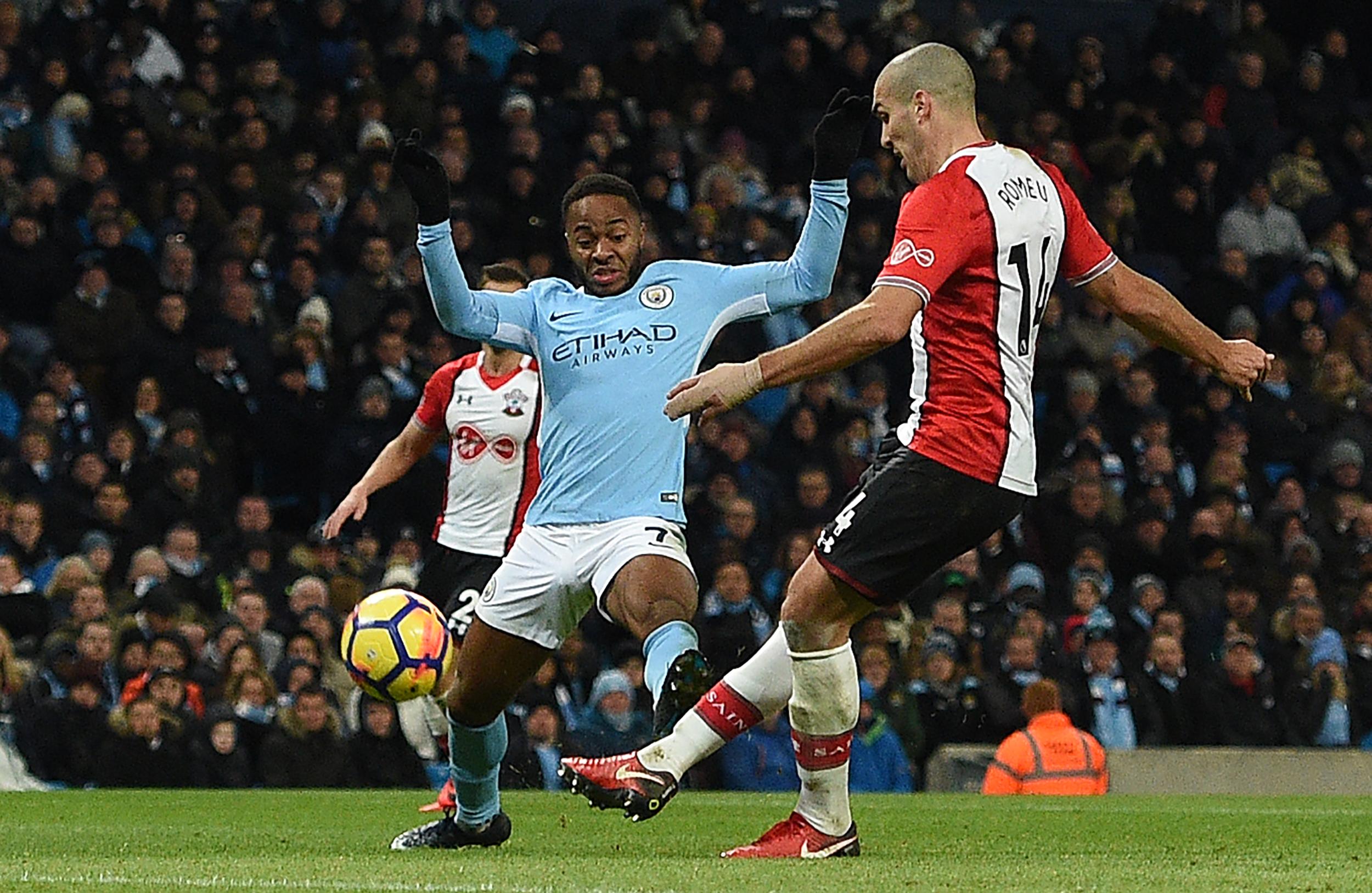 Romeu slams the equaliser home under pressure from Sterling