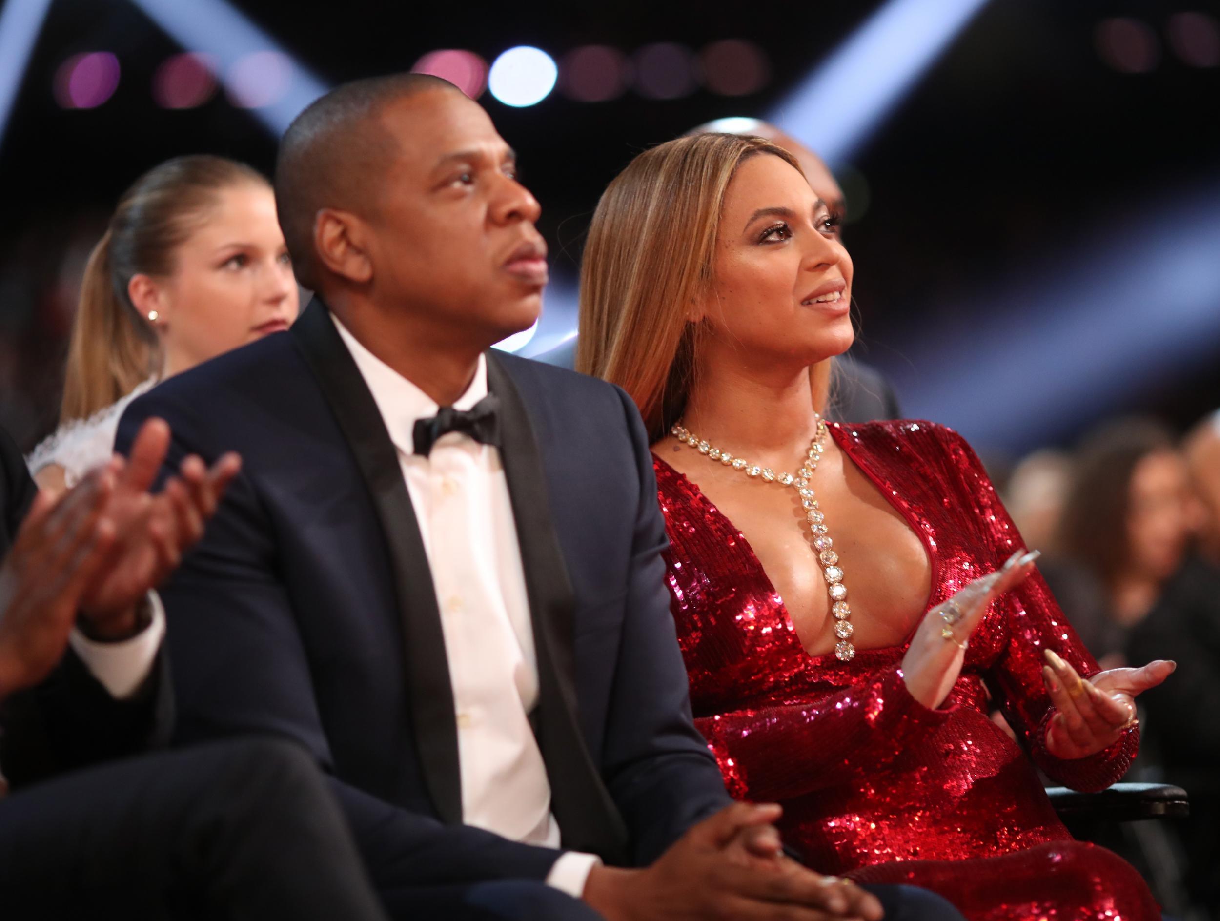 Music artists Jay Z and Beyoncé during The 59th GRAMMY Awards at STAPLES Center