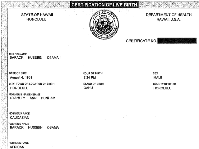 Barack Obama's birth certificate demonstrates he was born in America