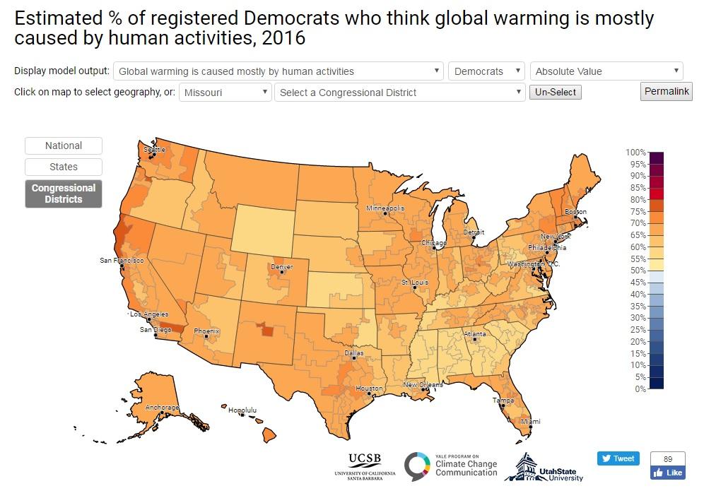 Map showing proportions of Democrats who place the blame for global warming primarily on humans, with darker regions more likely to agree that humans are to blame