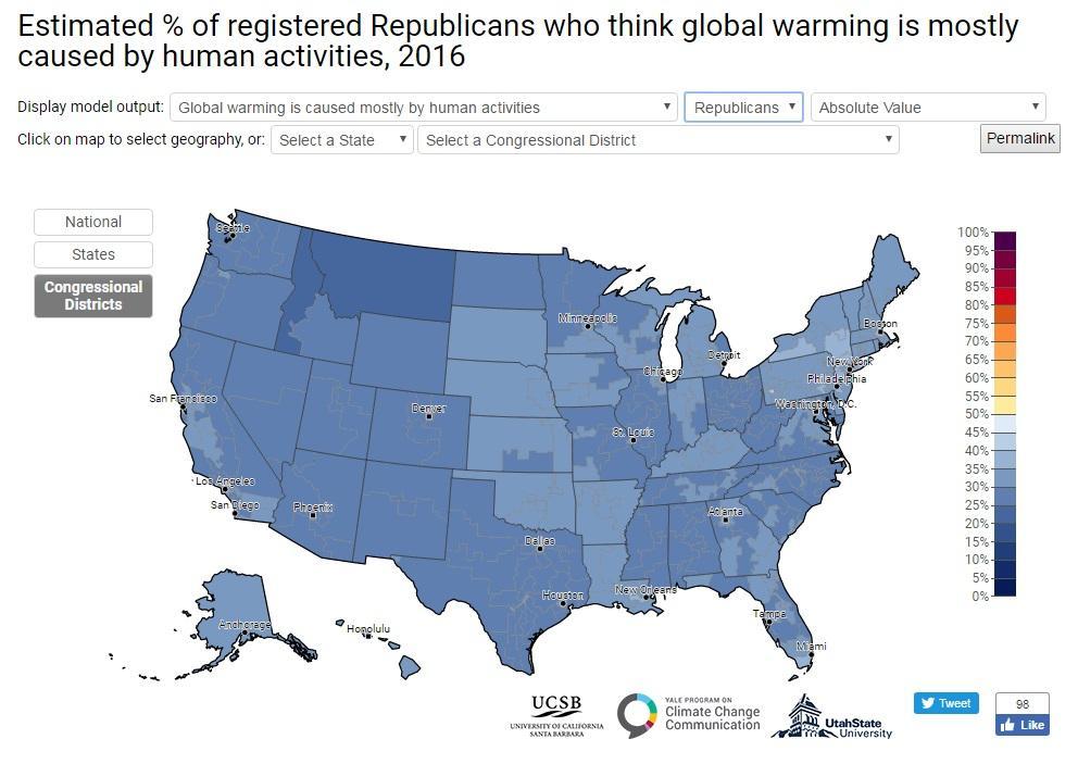 Map showing proportions of Republicans who place the blame for global warming primarily on humans, with darker regions less likely to agree that humans are to blame