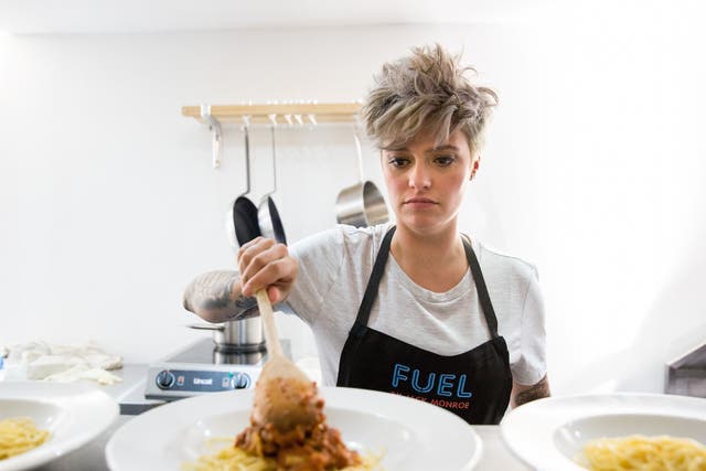 Monroe cooking at the launch of Fuel Bank,  a charitable pop-up raising awareness of the ‘heat or eat’ crisis