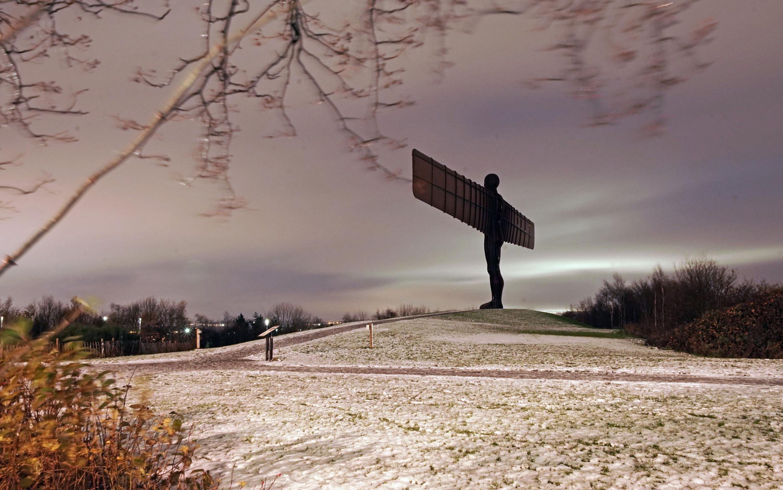 Snow showers were seen across north-east England including at the Angel of the North in Gateshead