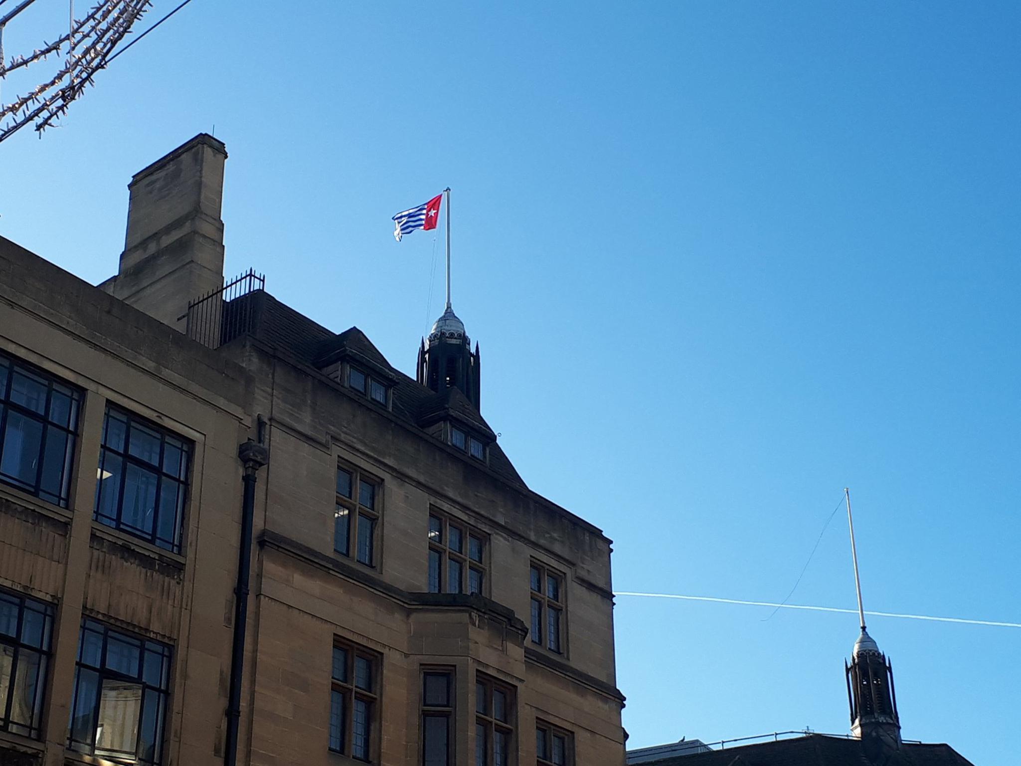 The West Papua Morning Star flag has been raised outside Oxford town hall this morning in support of the Free West Papua campaign