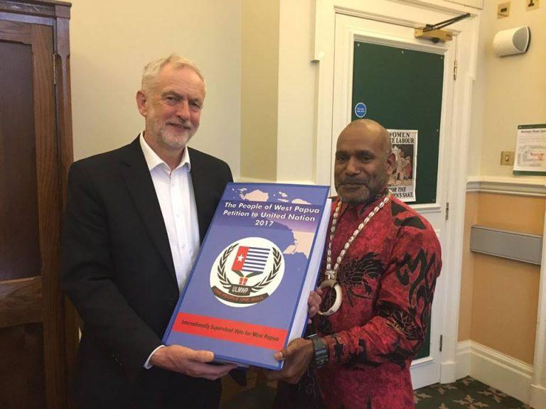 Labour leader Jeremy Corbyn is presented with the petition signed by 1.8 million West Papuans by Free West Papua leader Benny Wenda