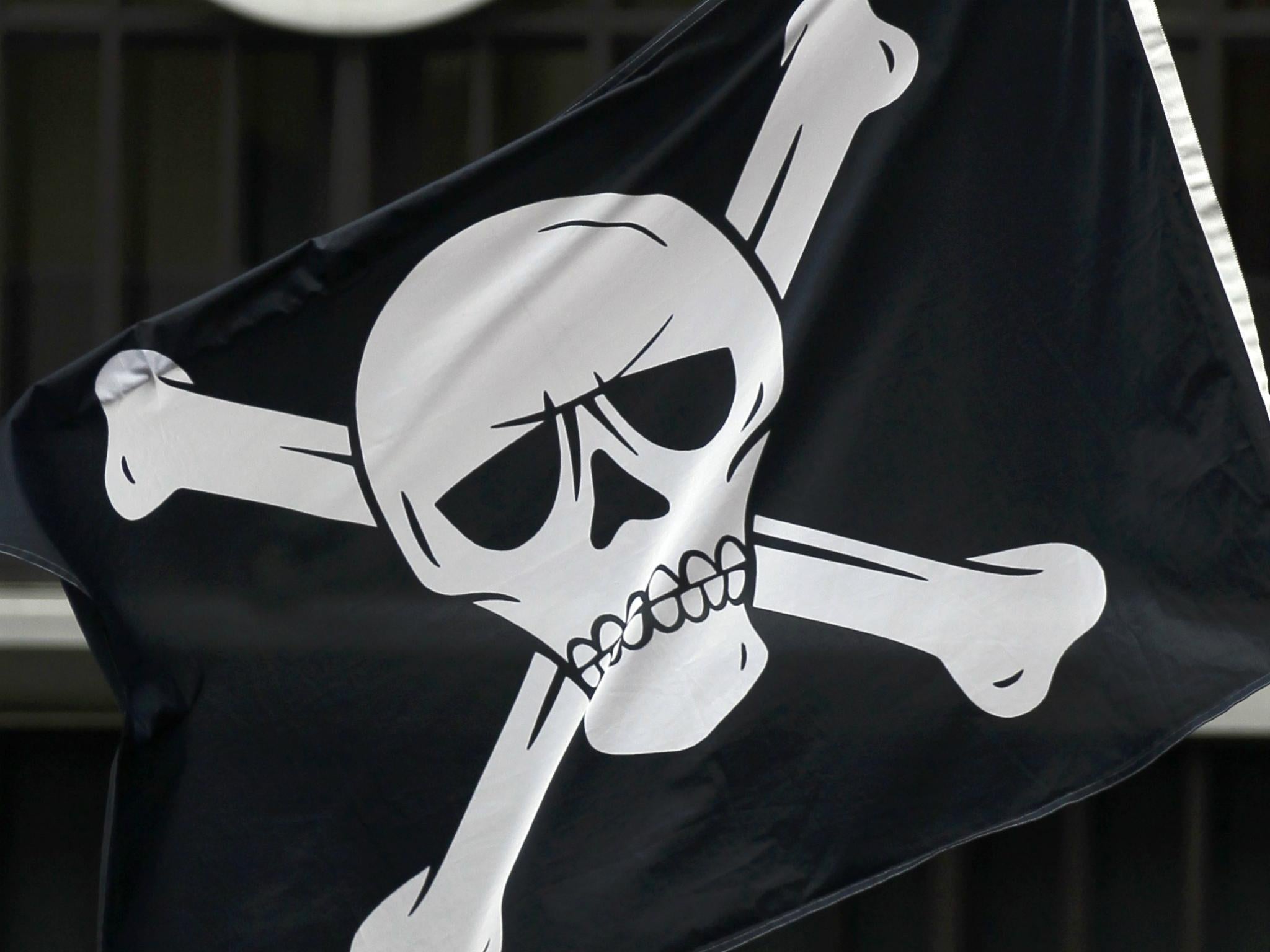 A pirate flag is seen during a protest by workers and trade union representatives from all over Europe against austerity outside Belgium's national bank (BNB) headquarters in Brussels February 29, 2012