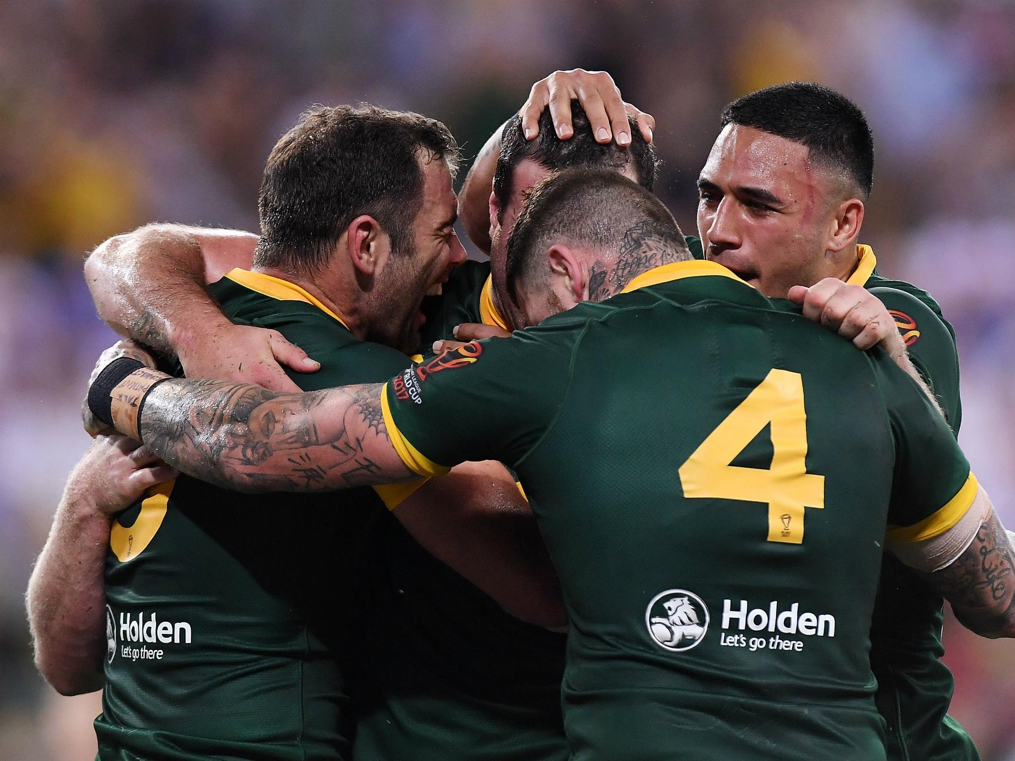 Australia celebrate after Boyd Cordner scores the first try of the Rugby League World Cup final