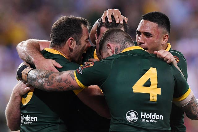 Australia celebrate after Boyd Cordner scores the first try of the Rugby League World Cup final