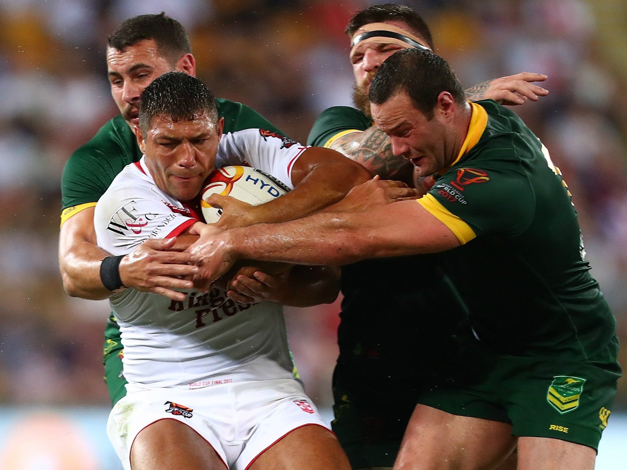 Ryan Hall is tackled by three Australian tacklers