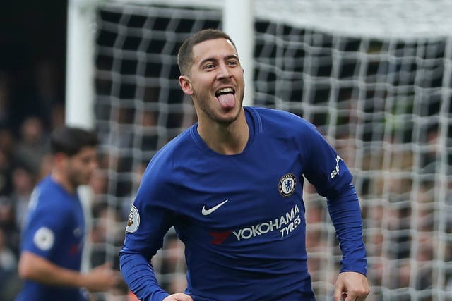 Eden Hazard celebrates after scoring the first of two goals against Newcastle