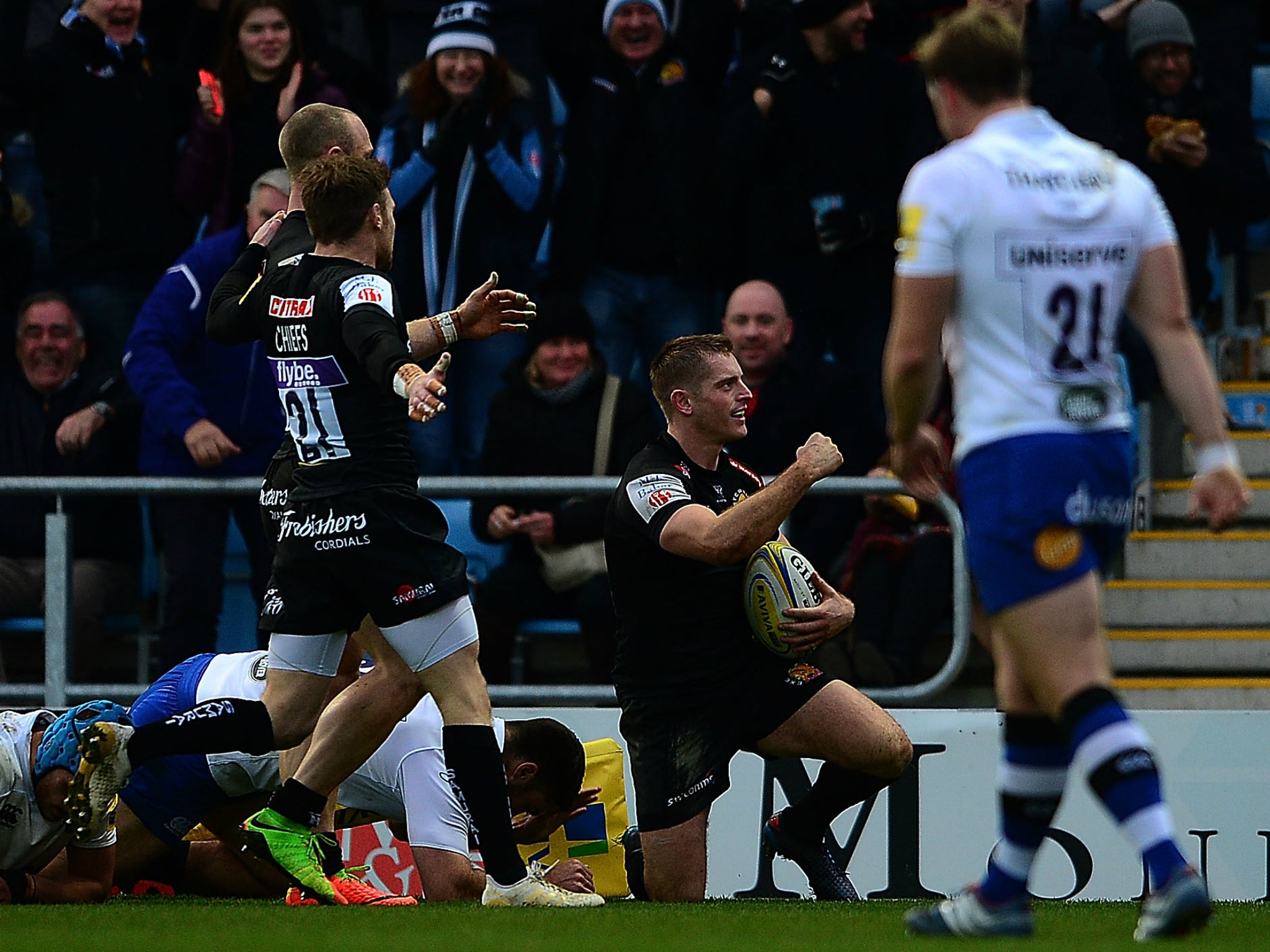 Gareth Steenson celebrates scoring a try for Exeter