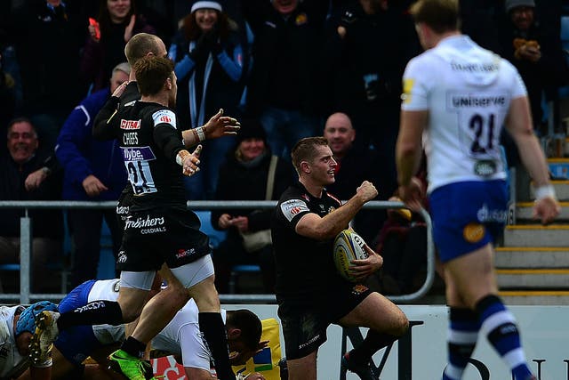 Gareth Steenson celebrates scoring a try for Exeter