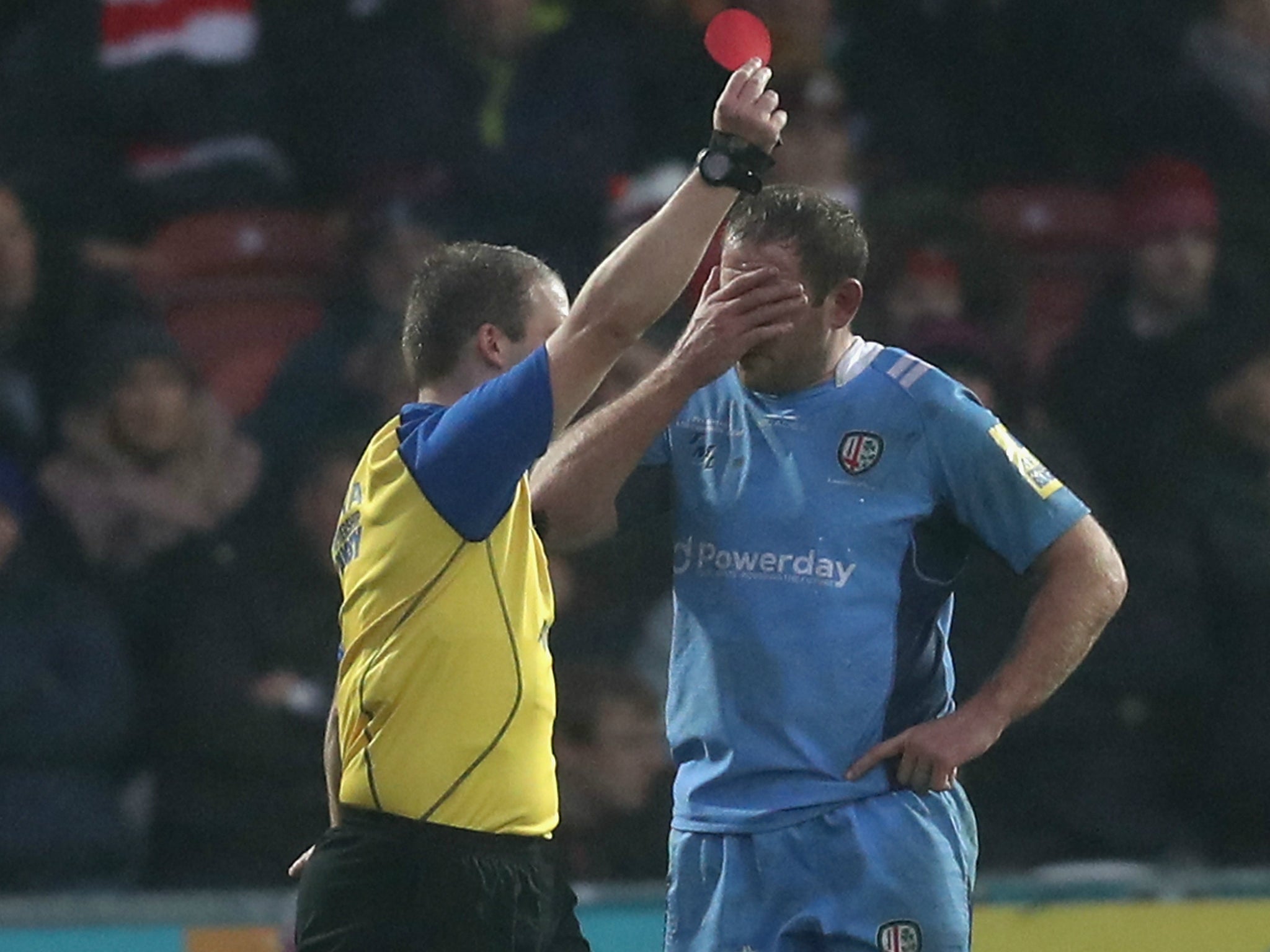 David Paice is sent-off during the match between Gloucester and London Irish