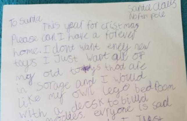 The child wrote the letter after his family became homeless in January