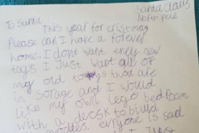 The child wrote the letter after his family became homeless in January