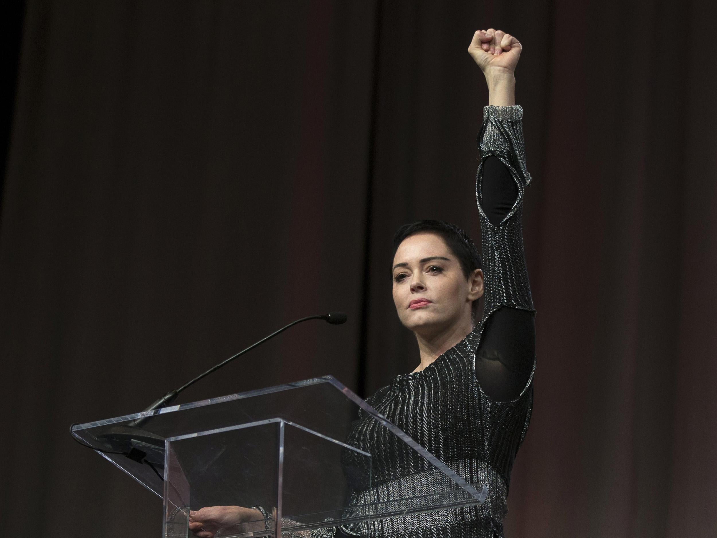 Rose McGowan addresses the Women’s March/Women’s Convention in Detroit, Michigan, in October