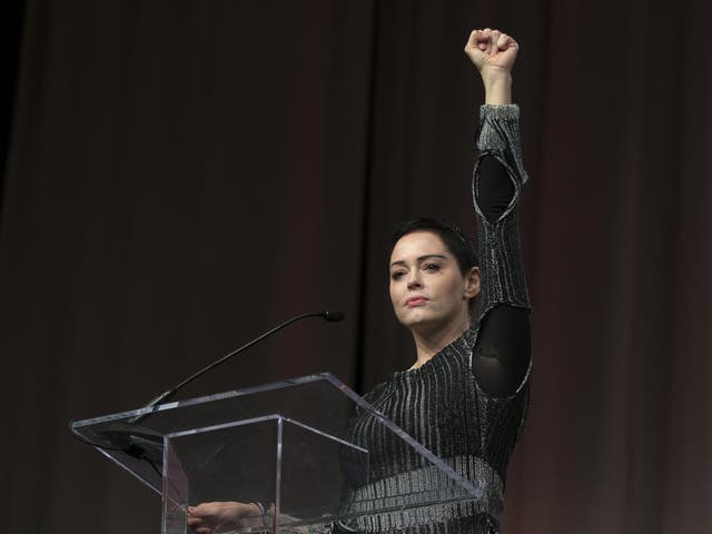 Rose McGowan addresses the Women’s March/Women’s Convention in Detroit, Michigan, in October 