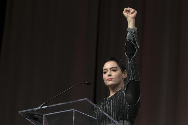 Rose McGowan addresses the Women’s March/Women’s Convention in Detroit, Michigan, in October 