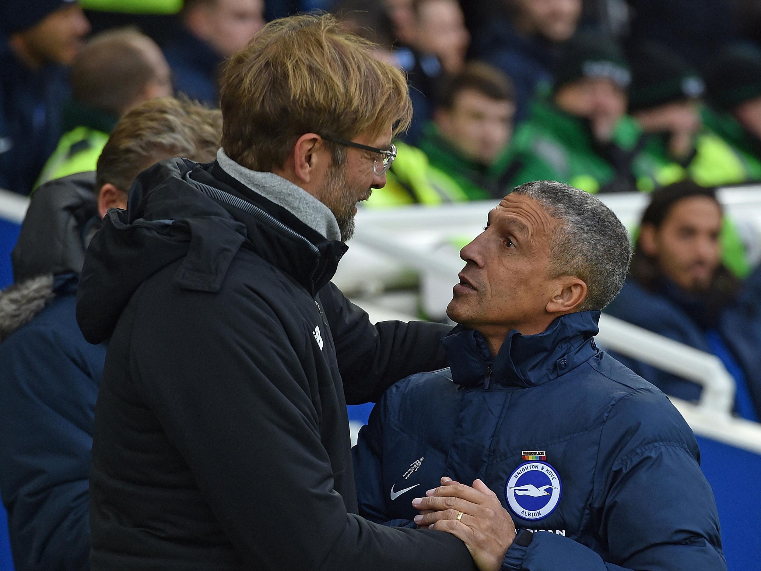 Chris Hughton was unhappy with having to wait to shake Jürgen Klopp's hand