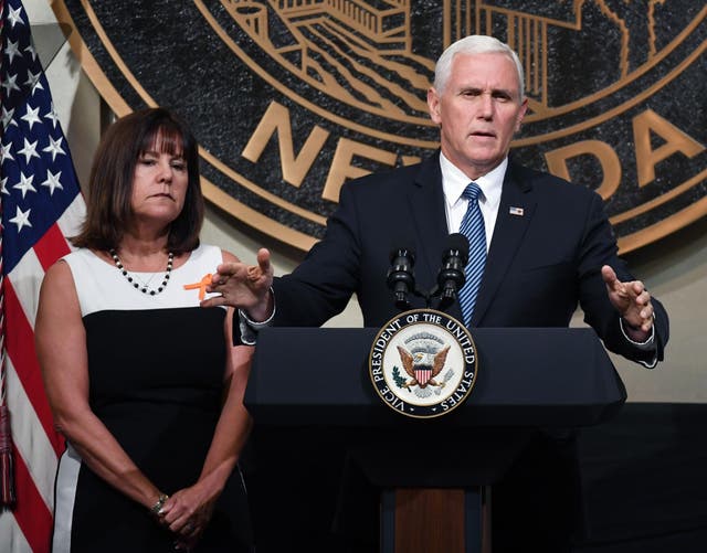 Karen Pence looks on as her husband speaks at the culmination of a faith unity walk