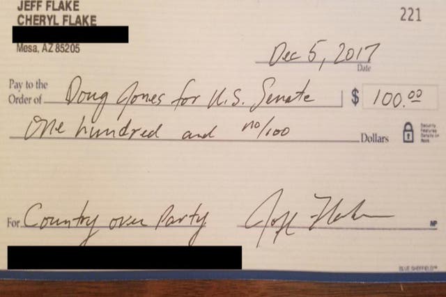 The cheque Jeff Flake made out to Doug Jones' campaign