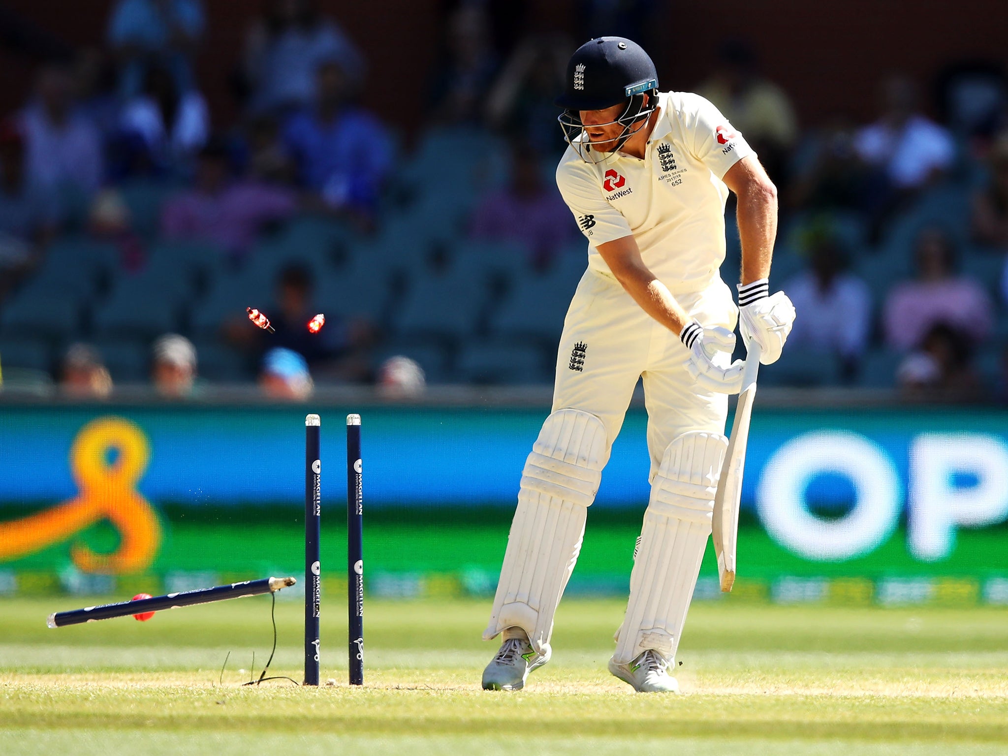 Jonny Bairstow is bowled out by Mitchell Starc