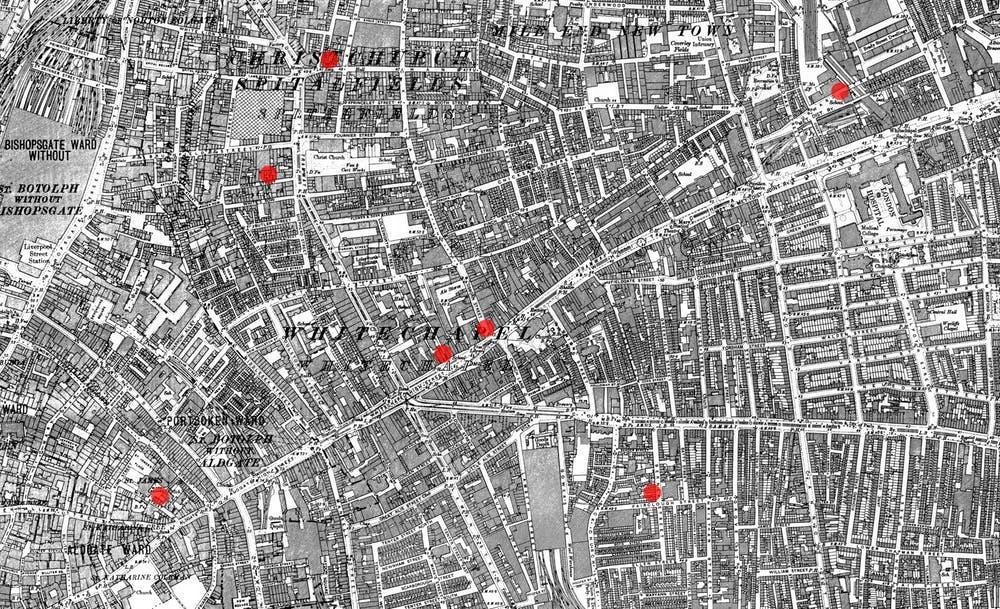The sites of the first seven Whitechapel murders