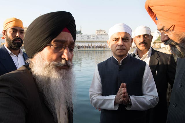 Mayor for London Sadiq Khan at the Golden Temple in Amritsar in India where he met religious leaders and paid his respects to the most important pilgrimage site of the Sikh religion