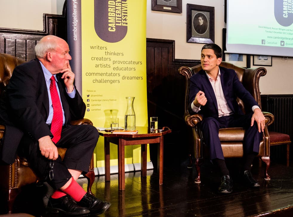 David Miliband speaking to Charles Clarke at the Cambridge Literary Festival